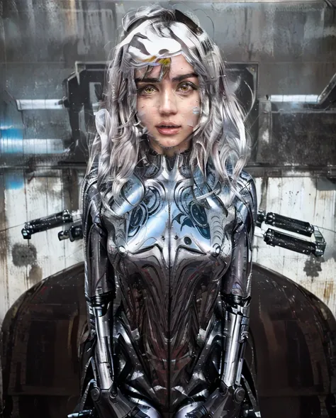 liquid metal coated robot body,   chrome coating, mechanical, robotic, ana de armas