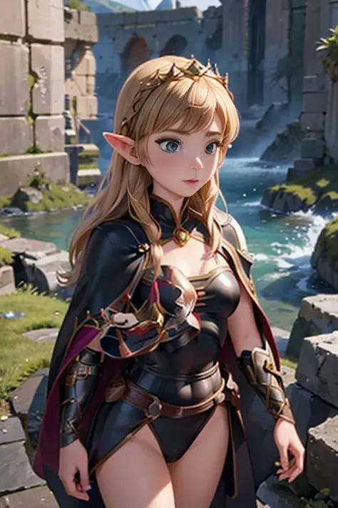 (high resolution) 1 girl, anna of arendelle、alone, goblins girl in armor, elf girl, goblins, armor, wearing a black high-cut swi...