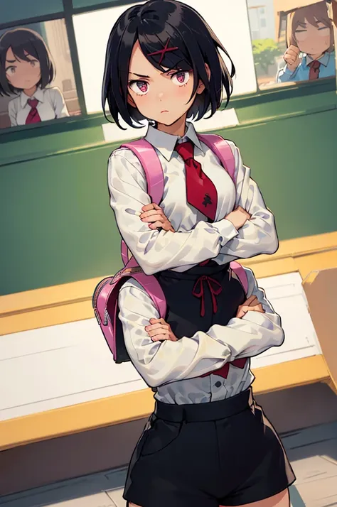 (masterpiece, best quality:1.2), cowboy shot, solo, 1girl, misako (rcg), expressionless, closed mouth, looking at viewer, crossed arms, white shirt, shirt tucked in, long sleeves, necktie, black shorts, green thighhighs, pink backpack