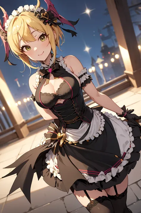 masterpiece, best quality, highres, hmfre, blonde hair, head wings, hair ornament, maid headdress, bow, bare shoulders, maid, cleavage cutout, black gloves, apron, garter straps, black thighhighs, idolmaster cinderella girls, smile, standing, cowboy shot, ...