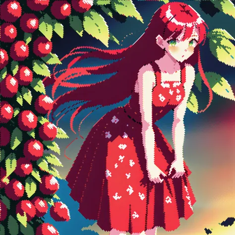 a red-haired girl, with green eyes, dressed in a strawberry print