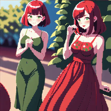 a red-haired girl, with green eyes, dressed in a strawberry print