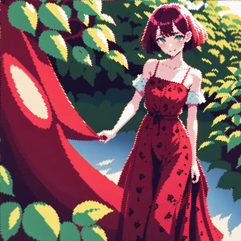 a red-haired girl, with green eyes, dressed in a strawberry print