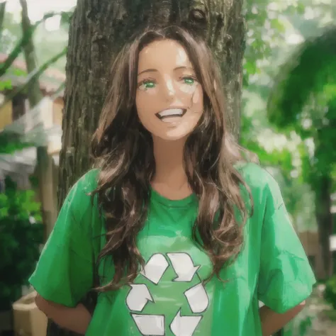 arafed woman in green shirt standing next to a tree with a recycle sign on it, green clothing, green clothing, green shirt, wearing green clothing, retrato environmental, environmental, isabela moner, sustainability, recycled, environmental portrait, susta...