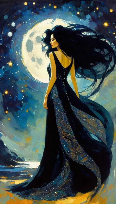 woman and giant dragon, woman with long, sexy black hair, wearing an embroidered dress whose fabrics fly across the image,magic, fantastic, night sky, moon, stars, background, (simple oil painting in a style to Bill Sienkiewicz)
