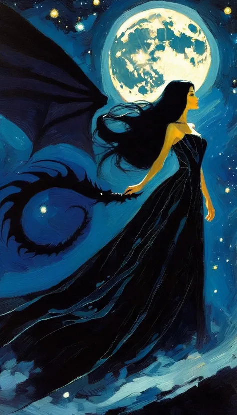 woman and giant dragon, woman with long, sexy black hair, wearing an embroidered dress whose fabrics fly across the image,magic, fantastic, night sky, moon, stars, background, (simple oil painting in a style to Bill Sienkiewicz)
