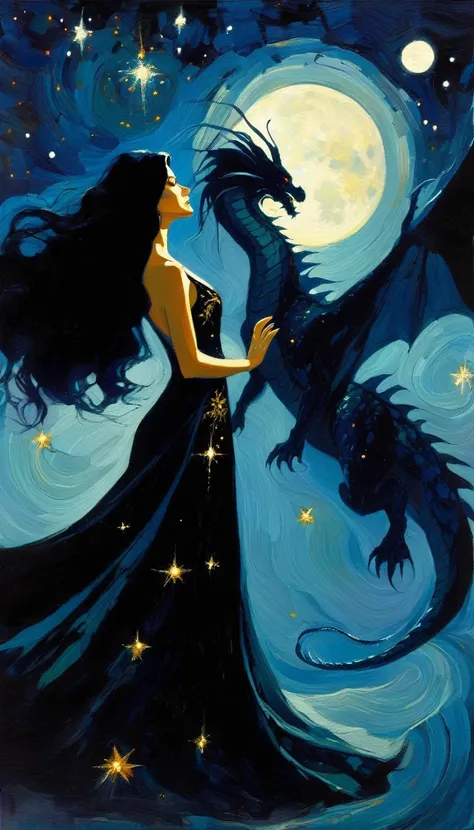 woman and giant dragon, woman with long, sexy black hair, wearing an embroidered dress whose fabrics fly across the image,magic, fantastic, night sky, moon, stars, background, (simple oil painting in a style to Bill Sienkiewicz)
