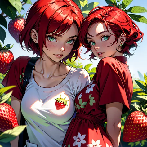 A girl with short red hair, with green eyes, dressed in a strawberry print