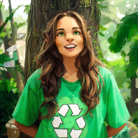 arafed woman in green shirt standing next to a tree with a recycle sign on it, green clothing, green clothing, green shirt, wearing green clothing, retrato environmental, environmental, isabela moner, sustainability, recycled, environmental portrait, susta...