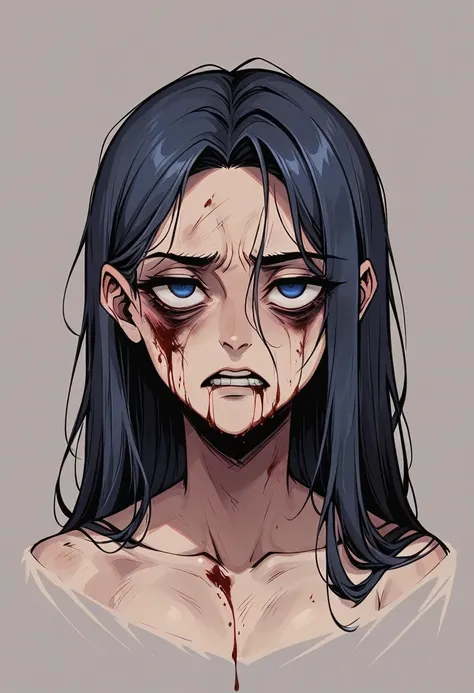 City background, female, tired, metroidvania, scary, wolfcut. hair, tired, bloody, without a pyscothic girlfriend energy,, blood between teeth. 8k, beautiful image. bloody knife in hand. upper body. dead blank eyes. blood everywhere. asian, blue eyes, dark...