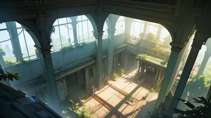 a large abandoned interior of a futuristic train station, covered in lush plants, top view, canary, highly detailed, intricate architecture, warm lighting, cinematic, epic scale, photorealistic, 8k, masterpiece. top view just like a tabletop RPG