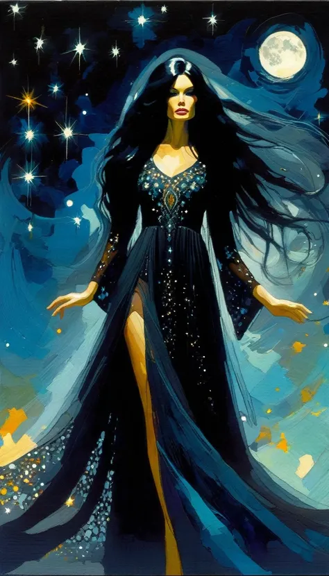 woman with long, sexy black hair, wearing an embroidered dress whose fabrics fly across the image,magic, fantastic, night sky, moon, stars, background, (simple oil painting in a style to Bill Sienkiewicz)
