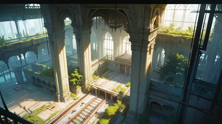 a large abandoned interior of a futuristic train station, covered in lush plants, top view, canary, highly detailed, intricate architecture, warm lighting, cinematic, epic scale, photorealistic, 8k, masterpiece. top view just like a tabletop RPG