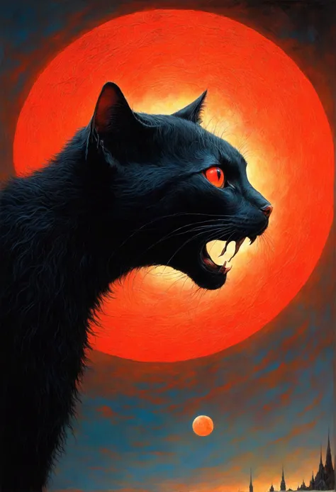 black cat, author：Zdzislaw Beksiński、Big Eye in the Sky、Red Moon、girl