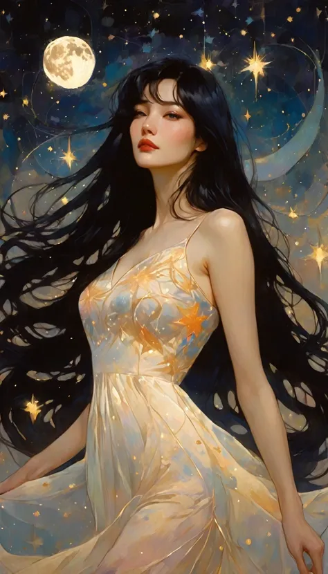 woman with long, sexy black hair, wearing an embroidered dress whose fabrics fly across the image,magic, fantastic, night sky, moon, stars, background, (simple oil painting in a style to Bill Sienkiewicz)
