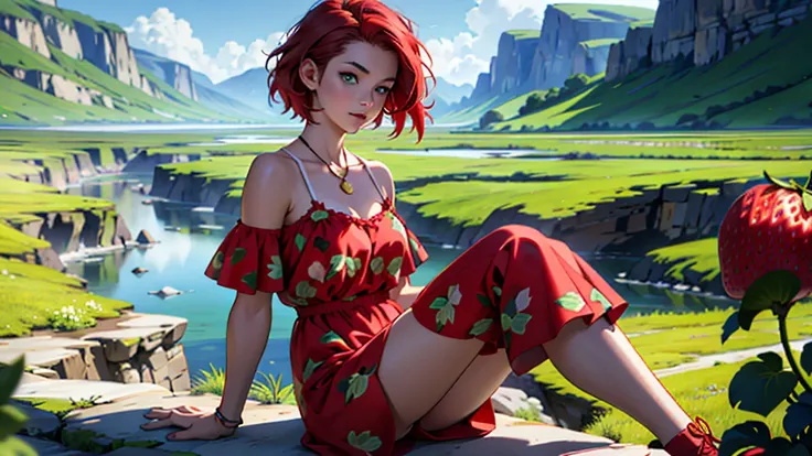 A girl with short red hair, with green eyes, dressed in a strawberry print, On a moraine background