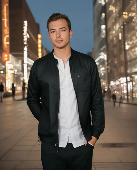 closeup face photo of caucasian man in black clothes, night city street, bokeh