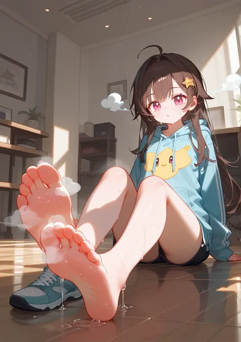 wallpaper,hoodie，The background is in the room， Long hair，best quality, Very detailed, masterpiece, Extremely detailed, illustration, Sky,Foot Focus, giggle， barefoot，Steam around feet，脚底Sweating，Water dripping from the soles of feet，Sweating，Pink Eyes，Swe...