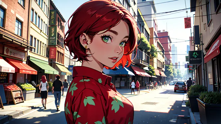 A girl with short red hair, with green eyes, dressed in a strawberry print, on a city background