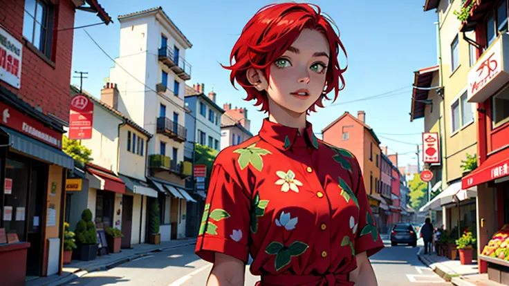 A girl with short red hair, with green eyes, dressed in a strawberry print, on a city background