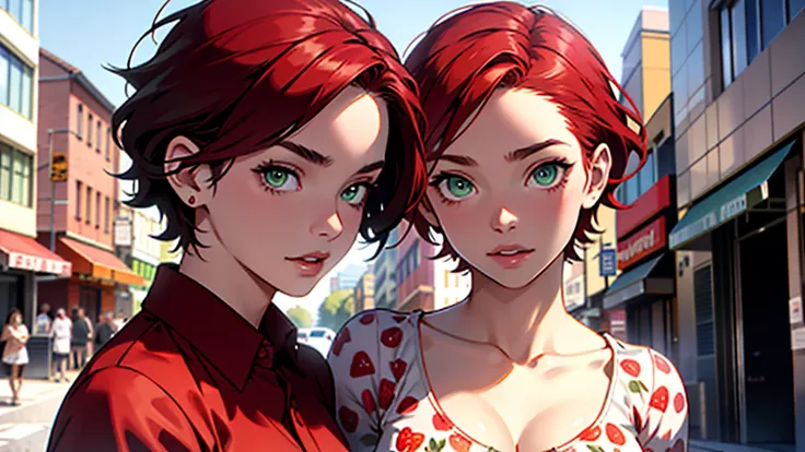 A girl with short red hair, with green eyes, dressed in a strawberry print, on a city background