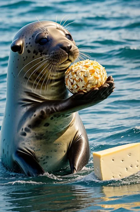 Pretty seal fighting to the death against an evil cheese ball, the seal has a wound on its face 