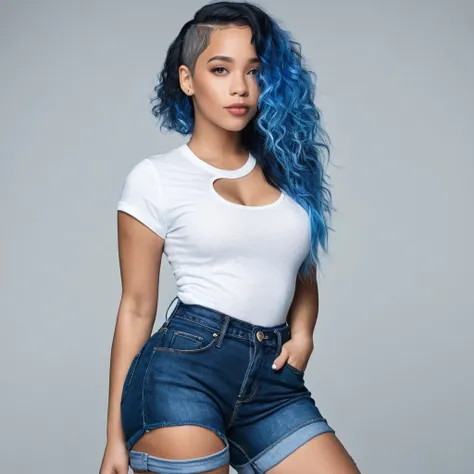 1 beautiful biracial blue hair, blue eyes, extremely detailed full body, De Derrière, round butt, black shorty jeans, white t-shirt, Résolution Haute, Langue Sortie, 