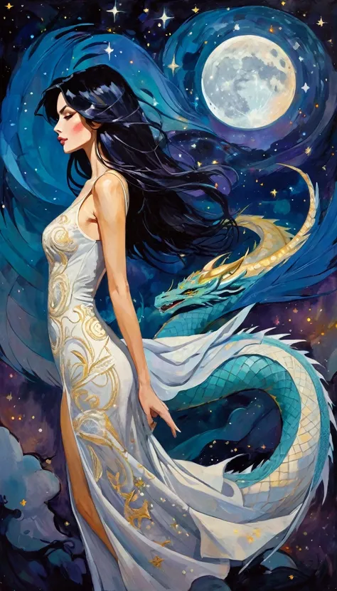 woman and giant dragon, woman with long, sexy black hair, wearing an embroidered dress whose fabrics fly across the image,magic, fantastic, night sky, moon, stars, background, (simple oil painting in a style to Bill Sienkiewicz)
