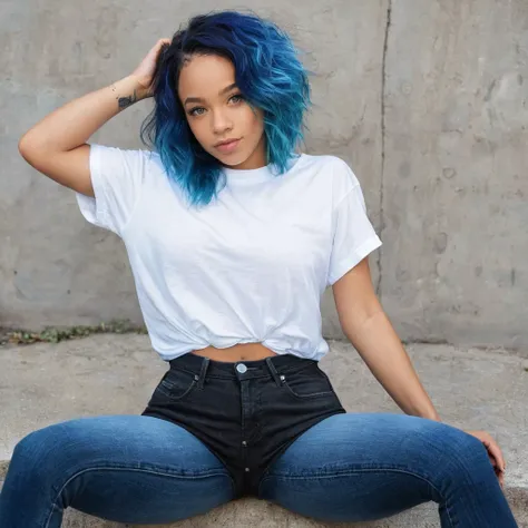 1 beautiful biracial blue hair, blue eyes, extremely detailed full body, De Derrière, round butt, black shorty jeans, white t-shirt, Résolution Haute, Langue Sortie, sit