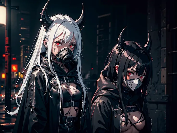 1girl, spiky messy white long hair, red eyes, ear piercings, bloody gas mask, tattoos, wearing black punk bodysuit, wearing black fur cloak, wearing black leather shorts, bat wings, long horns, graveyard, night, high res, ultrasharp, 8k, masterpiece, looki...