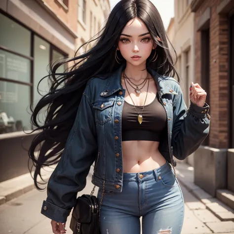 Girl with long black hair with bright geen eyes.A crop top and with jeans with a rich jacket A necklace what says skittles