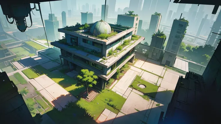 An abandoned futuristic square overgrown with greenery, cyberpunk style, aerial view, dystopian and overgrown plants, ruined architecture, neon lights, moody lighting, dramatic shadows, soft color palette, cinematic composition, high quality, 8k, hyper-det...