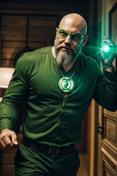 Bald man with green beard dressed as green lantern 