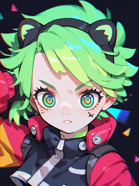 cute human girl with otter ears, fluffy hair, tomboy vibe, colorful lime green hair, slight cyberpunk vibe