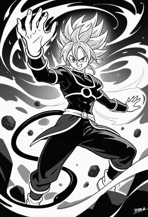 Draw a drawing of this dragon ball character , de Majin bu, epic style, epic background, epic aura, in black and white,