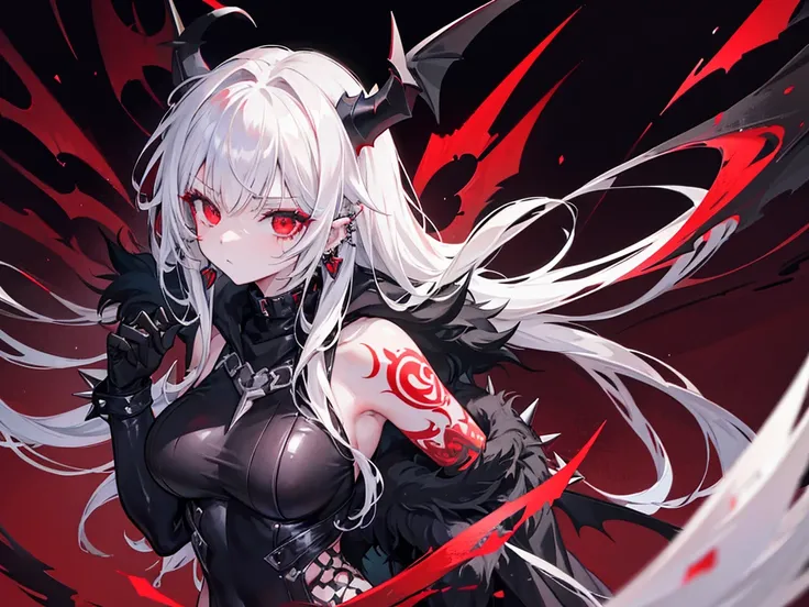 1girl, spiky messy white long hair, red eyes, ear piercings, blood, tattoos, wearing black punk full bodysuit, wearing black fur cloak, bat wings, long horns, graveyard, night, high res, ultrasharp, 8k, masterpiece, looking at viewer