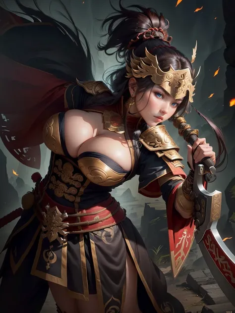 a woman with a large axe and a feathered head, inspired by Hu Zaobin, berserker potrait, guan yu, bian lian, sun wukong, mongol, inspired by Huang Shen, inspired by Li Gonglin, tai warlord, inspired by Wu Bin, wukong, inspired by Li Kan, naranbaatar ganbol...