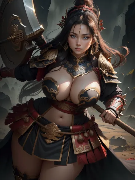 a woman with a large axe and a feathered head, inspired by Hu Zaobin, berserker potrait, guan yu, bian lian, sun wukong, mongol, inspired by Huang Shen, inspired by Li Gonglin, tai warlord, inspired by Wu Bin, wukong, inspired by Li Kan, naranbaatar ganbol...