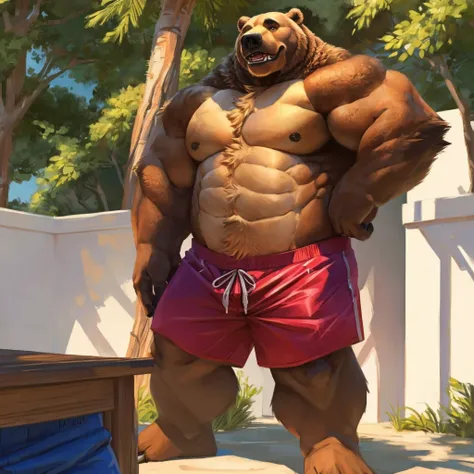 a anthropomorphic muscular grizzly bear in red swim trunks standing, high quality furry art, mid-shot of a grizzly bear torso.