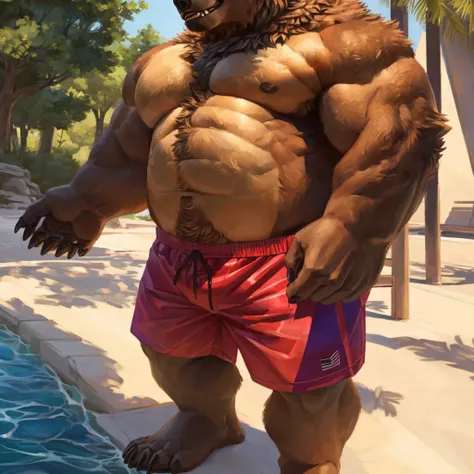 a anthropomorphic muscular grizzly bear in red swim trunks standing, high quality furry art, mid-shot of a grizzly bear torso.