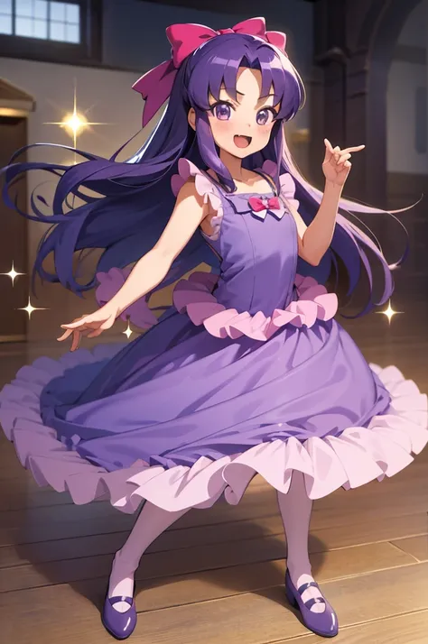 masterpiece, best quality, absurdres, perfect anatomy, 1girl, solo, hikawaIona, long hair, cute, long dress, purple dress, frills, bow, :d, sparkles, sparkling, smile, indoors, standing, 