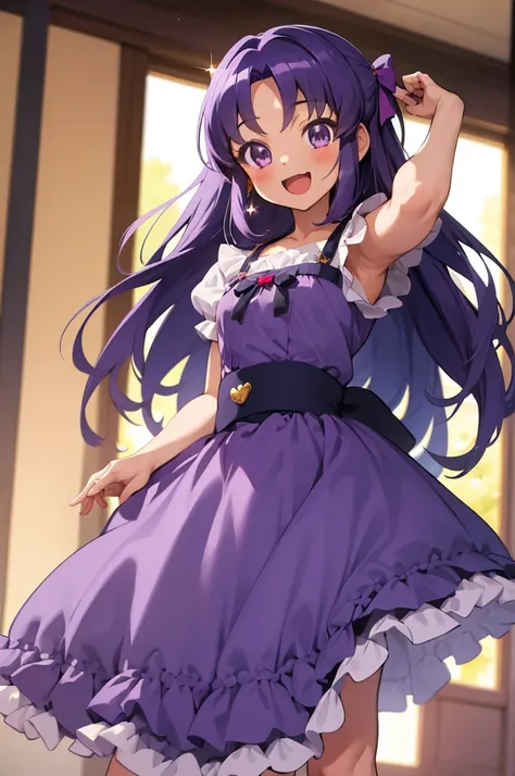 masterpiece, best quality, absurdres, perfect anatomy, 1girl, solo, hikawaIona, long hair, cute, long dress, purple dress, frills, bow, :d, sparkles, sparkling, smile, indoors, standing, 