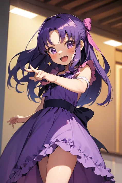 masterpiece, best quality, absurdres, perfect anatomy, 1girl, solo, hikawaIona, long hair, cute, long dress, purple dress, frills, bow, :d, sparkles, sparkling, smile, indoors, standing, 