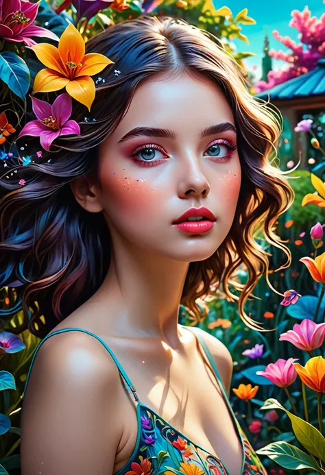 a girl, bright eyes and ultra-long eyelashes, in a surreal and intricate garden of infinite possibilities, lost in a chaotic and unpredictable world, surrounded by vibrant and mesmerizing colors. The garden is filled with unique and quirky plants and creat...