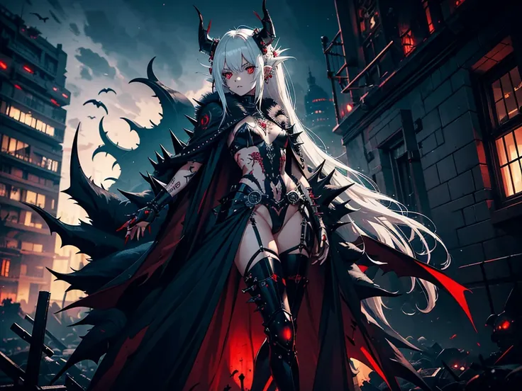 1girl, spiky messy white long hair, red eyes, mechanical eye, ear piercings, blood, tattoos, bats, mechanical arms, wearing black mechanical suit, wearing black fur cloak, mechanical wings, mechanical horns, graveyard, night, high res, ultrasharp, 8k, mast...