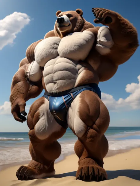 realistic, hyper realistic, detailed muscle,(furry White Polar Bear), good anatomy, masterpiece, art winner, beach, extremely huge muscular, massive muscular, full-body, well-muscled old man. ((extremely muscle size, super thick arms, huge pec, extremely w...