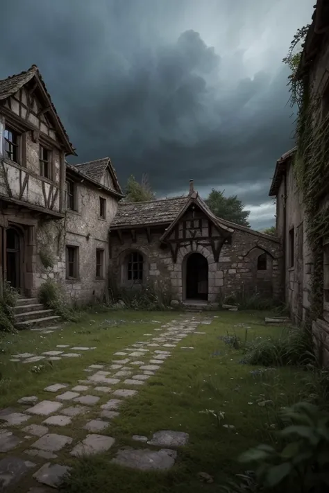 dramatic abandoned medieval village, dilapidated medieval architecture, crumbling stone buildings, overgrown vegetation, moss-covered ruins, atmospheric lighting, dramatic shadows, moody sky, cinematic composition, muted color palette, gritty realism, high...