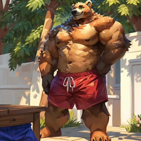 a anthropomorphic muscular grizzly bear, closed smile, he has green eyes, he dressed with red swim trunks standing, high quality furry art, animal crossing style.