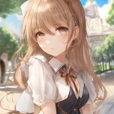 (extremely delicate and beautiful: 1.2), 1 girl, fashion girl, bangss, beautiful eyes, 弓, chestnut hair, cloused mouth, sideways, hair between the eyes, hair 弓, manga curta, gazing at viewer, medium hair, standing alone, trunk, schoolar uniform: 1.3, ((sta...