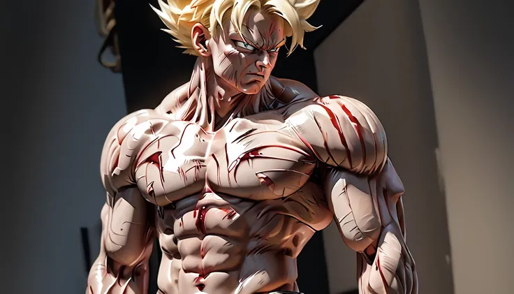 Full body image "(Highest quality, 8k, ultra-detailed, Realistic:1.2), Portraiture, Muscular, Calm, Face contorted in pain, detailed, Blonde, strict, Intimidating, Powerful, Show off his strength", (((Huge penis))),Bodysuits,nsfw